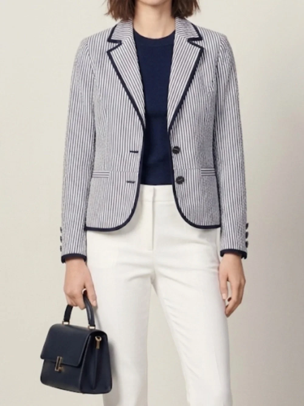 Sandro Cotton Blazer Blue White Stripe Nautical Styling Seersucker Jacket Large